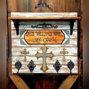 Handmade White & Green Wall Organization W/ Crosses, A Shelf, 2 Hooks, & 2 Knobs
